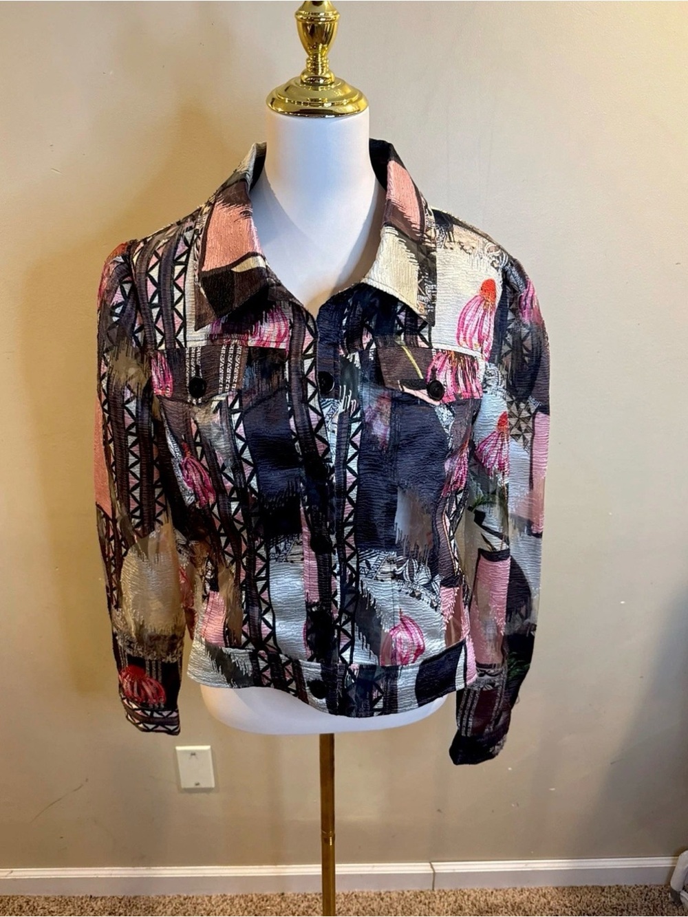 Berek Women's Large Bold Mixed Media Print Jacket Button Front Art to Wear